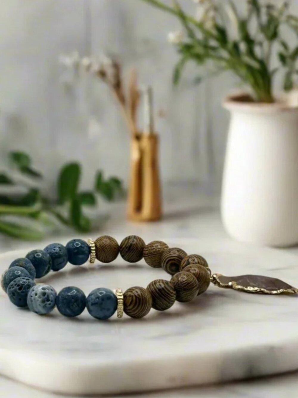 Natural Gemstone And Wood Stretch Bracelet With Agate Arrowhead Charm